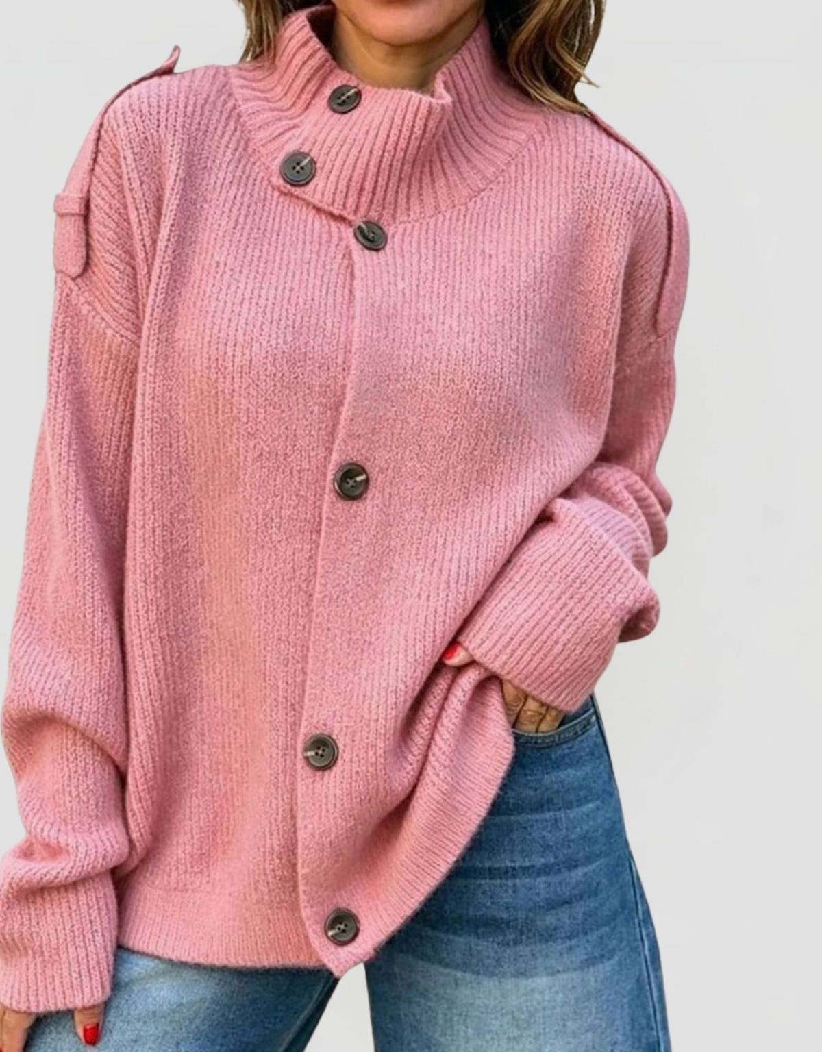 Women's Oversized Ribbed Knit Cardigan with Stand Collar and Button Closure