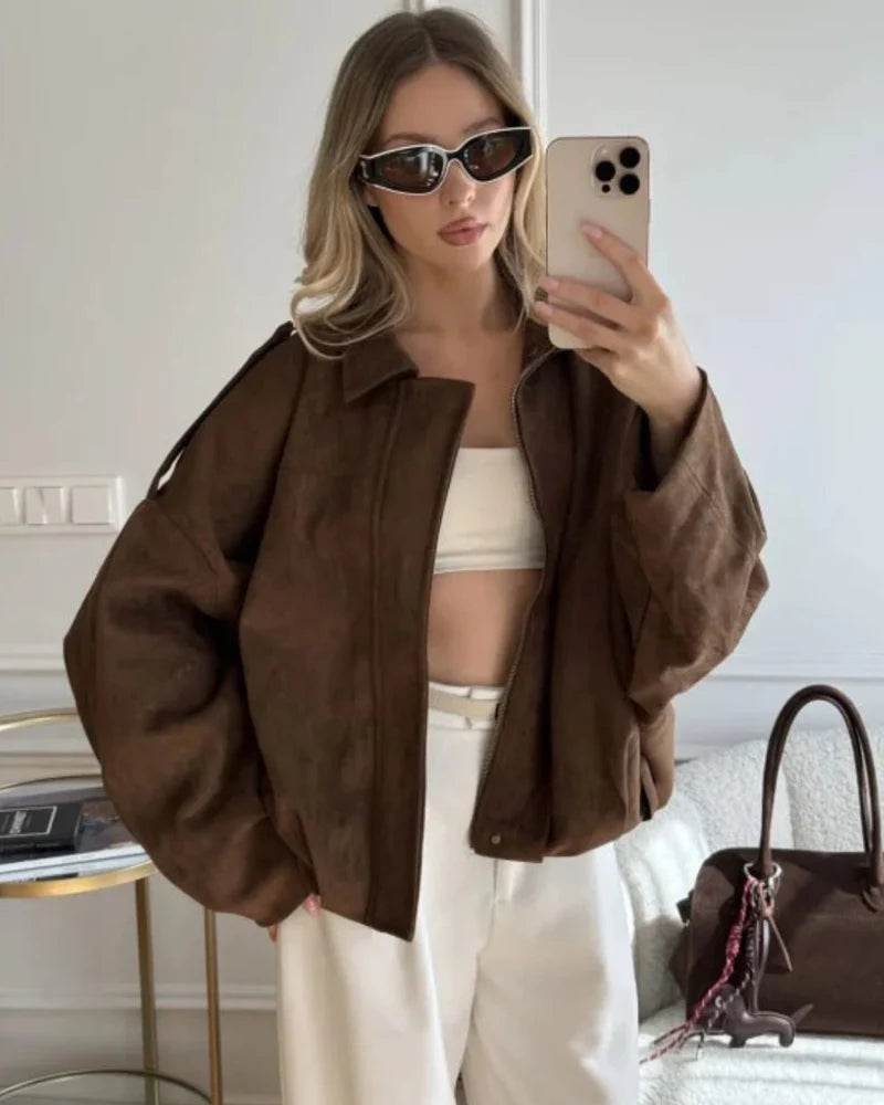 Women's Oversized Suede Look Jacket with Shoulder Epaulettes