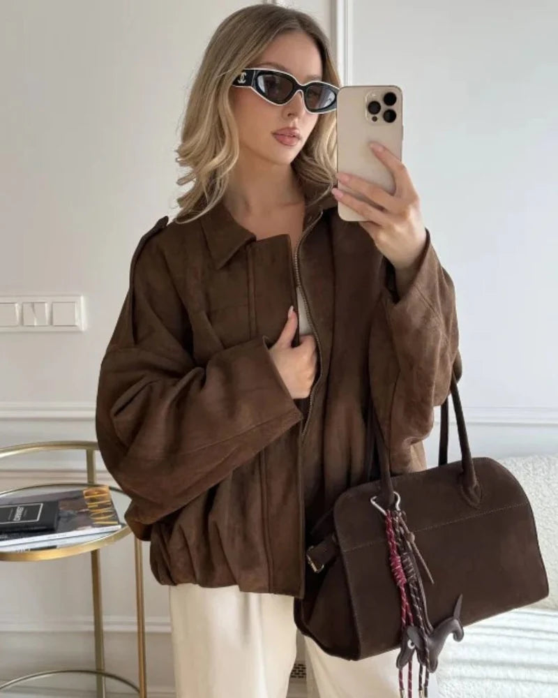 Women's Oversized Suede Look Jacket with Shoulder Epaulettes