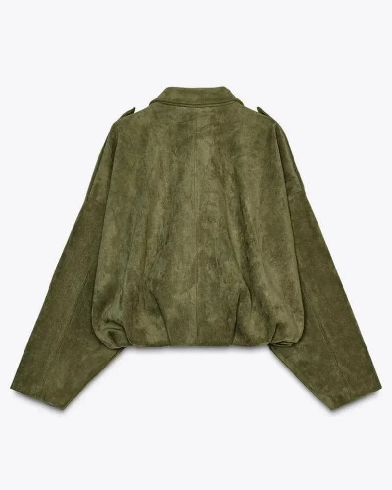 Women's Oversized Suede Look Jacket with Shoulder Epaulettes