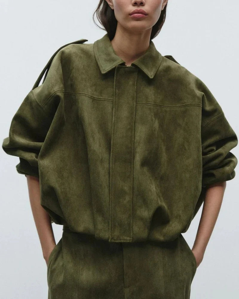 Women's Oversized Suede Look Jacket with Shoulder Epaulettes