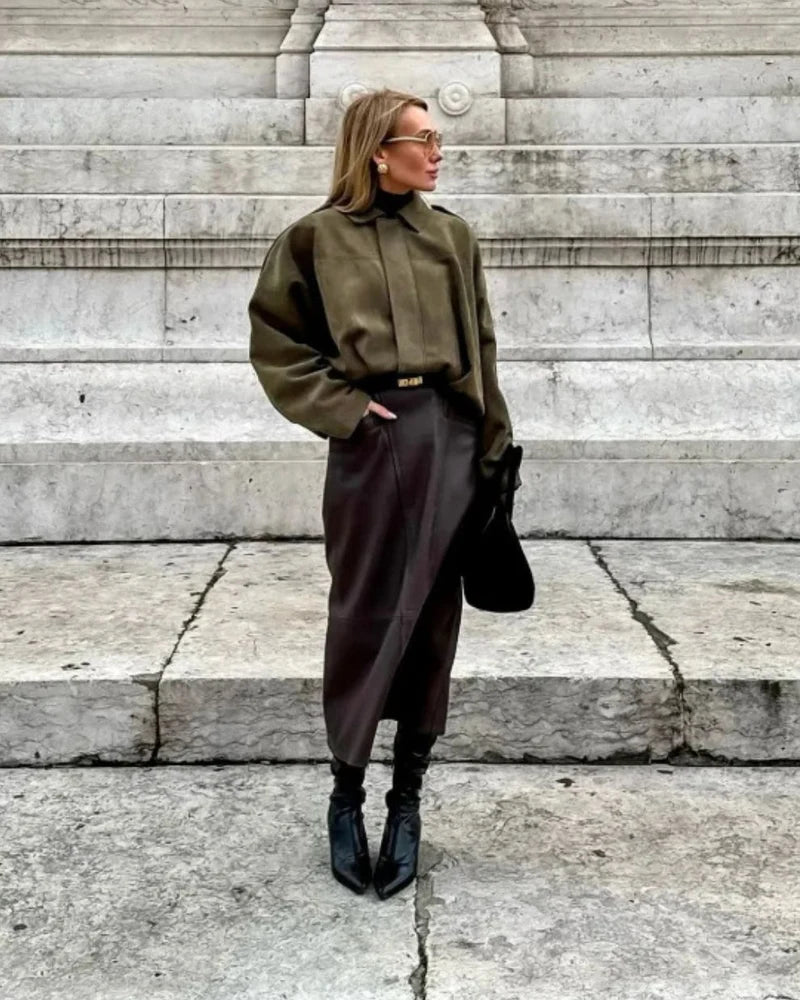 Women's Oversized Suede Look Jacket with Shoulder Epaulettes