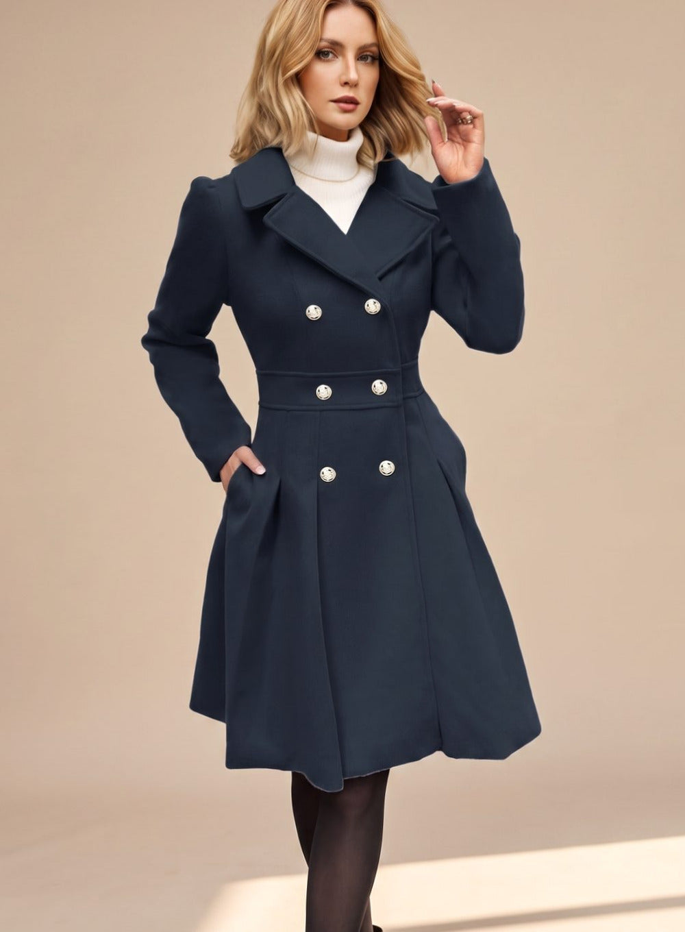Women's Pleated A-Line Longline Coat with Notched Lapel and Button Closure