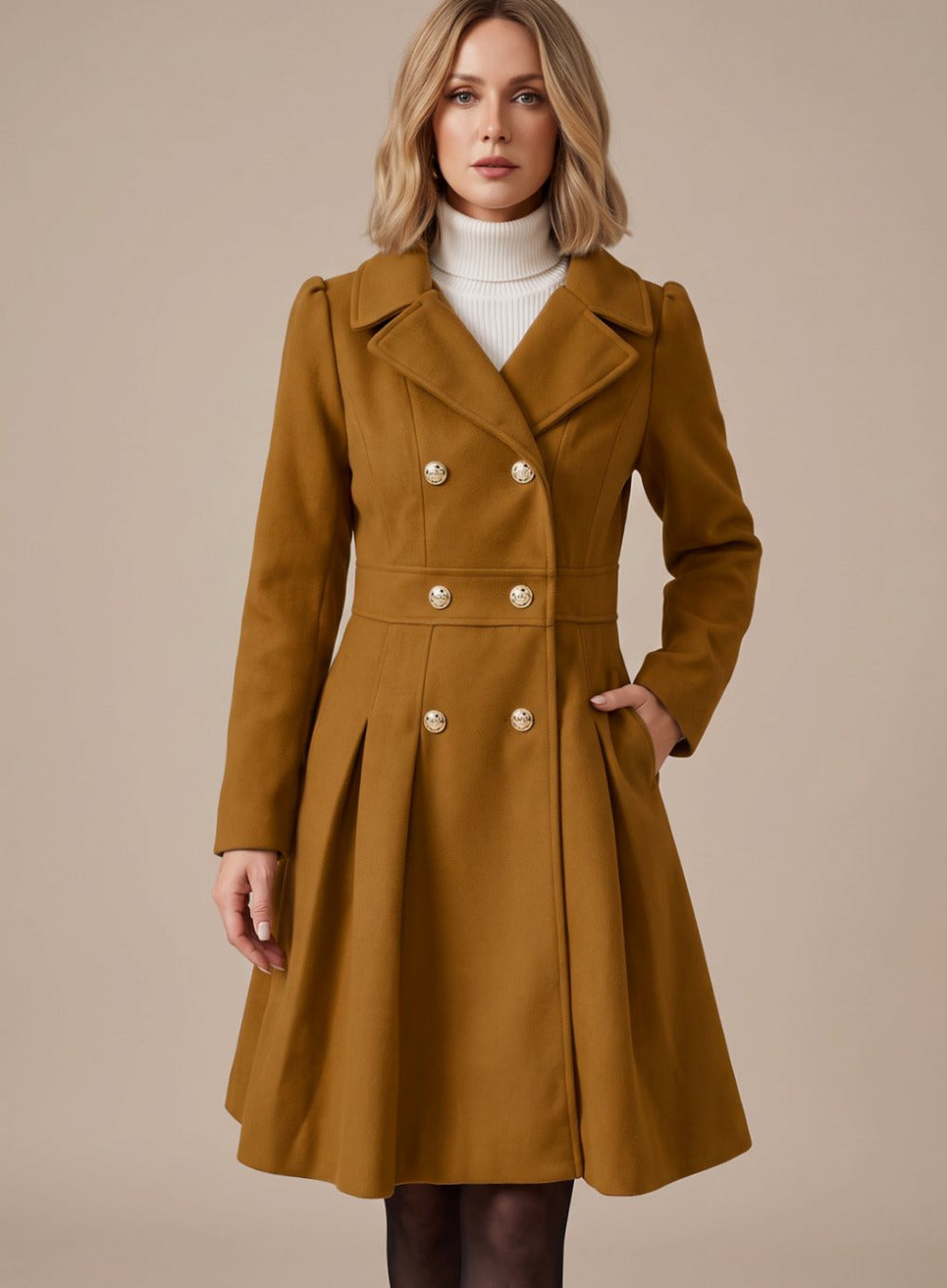 Women's Pleated A-Line Longline Coat with Notched Lapel and Button Closure
