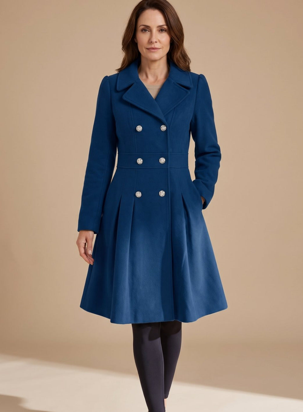 Women's Pleated A-Line Longline Coat with Notched Lapel and Button Closure