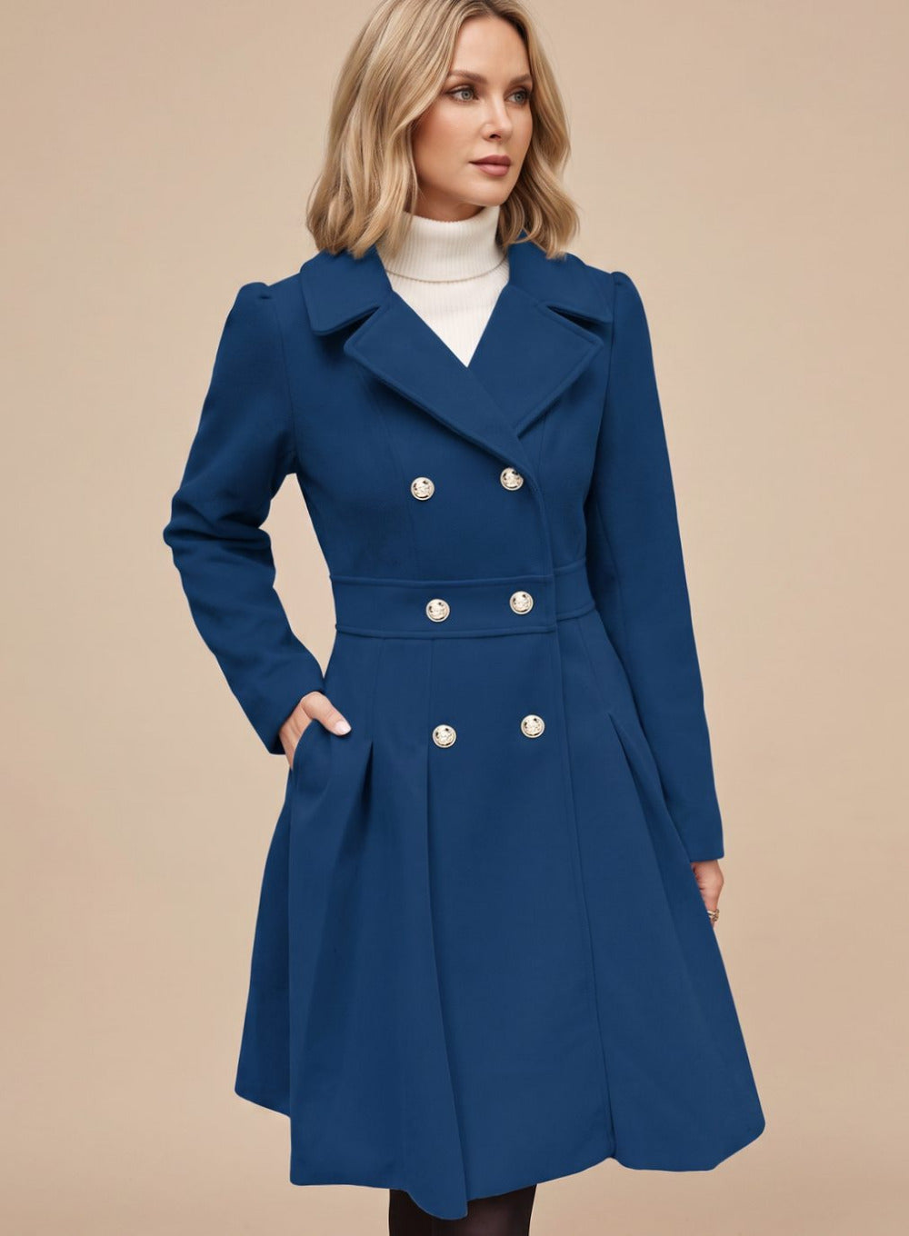 Women's Pleated A-Line Longline Coat with Notched Lapel and Button Closure
