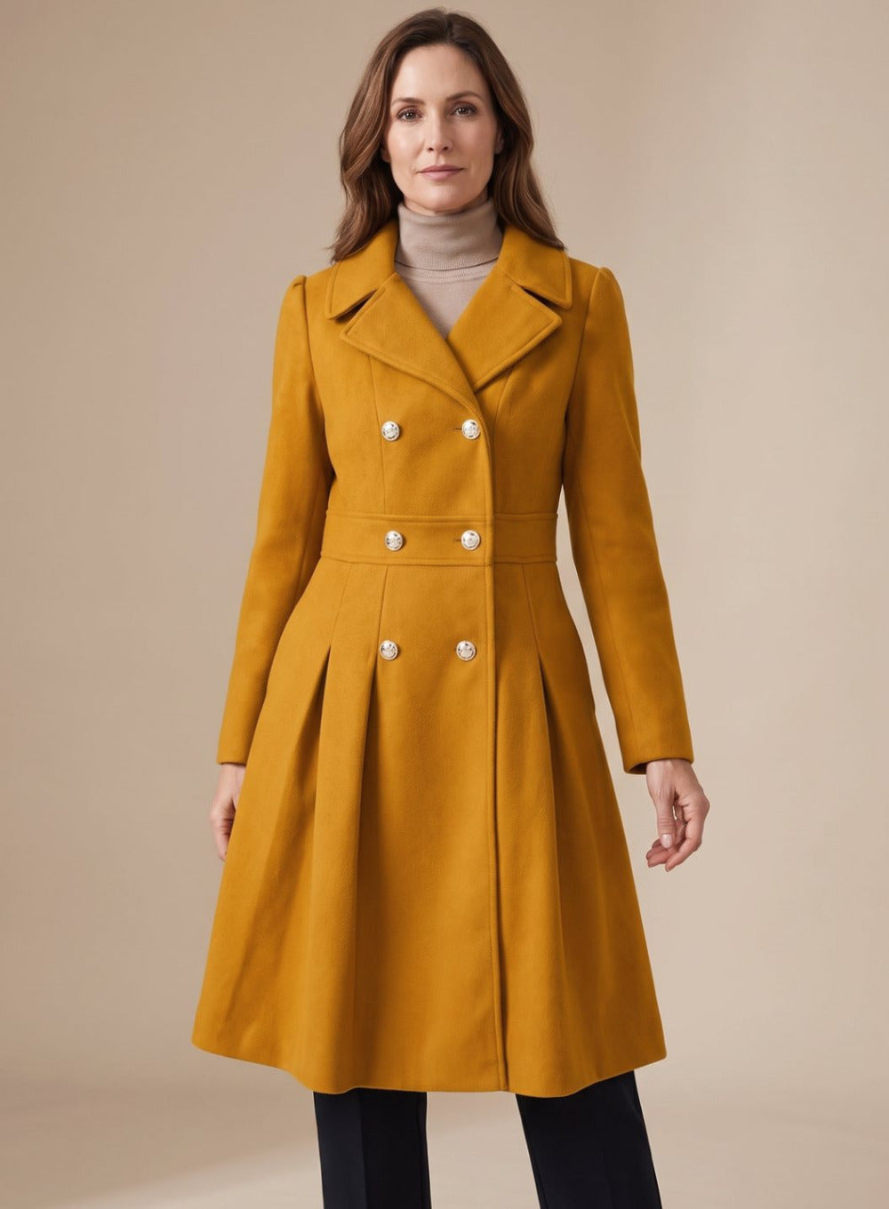 Women's Pleated A-Line Longline Coat with Notched Lapel and Button Closure