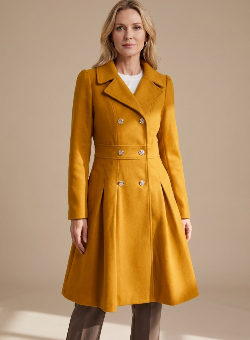 Women's Pleated A-Line Longline Coat with Notched Lapel and Button Closure