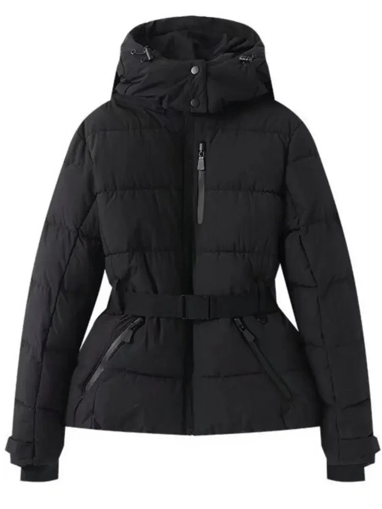 Women’s Puffer Ski Jacket with Belt and Quilted Design