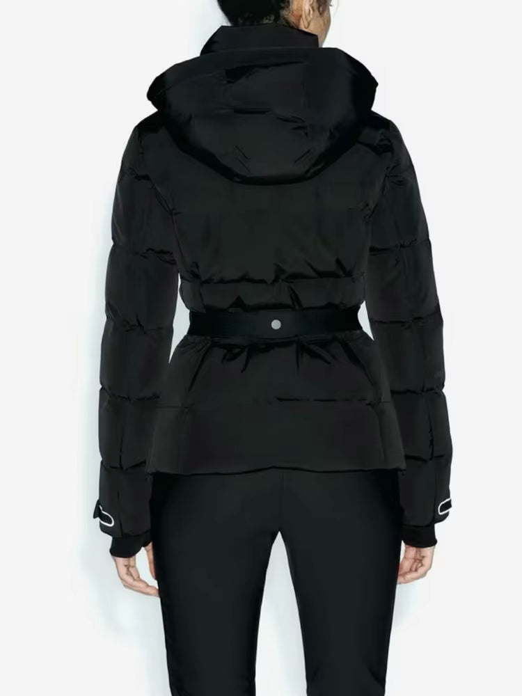 Women’s Puffer Ski Jacket with Belt and Quilted Design