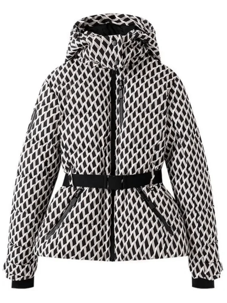 Women’s Puffer Ski Jacket with Belt and Quilted Design