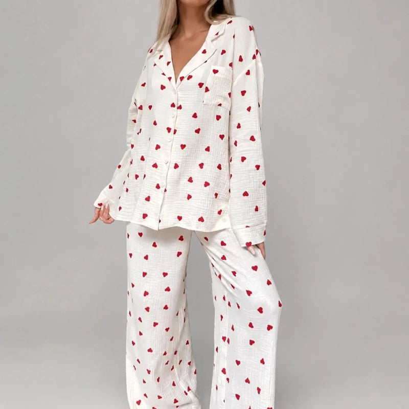 Women's Pyjama Set with Heart Print and Button Closure