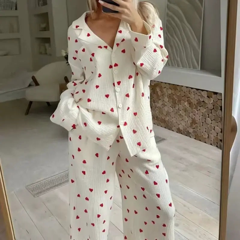 Women's Pyjama Set with Heart Print and Button Closure