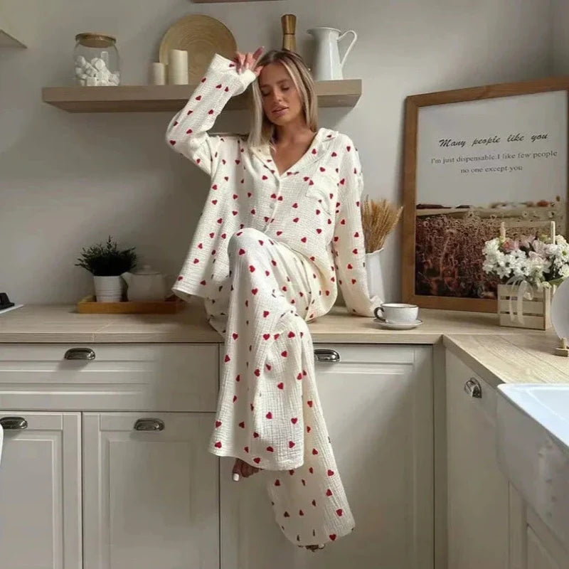 Women's Pyjama Set with Heart Print and Button Closure