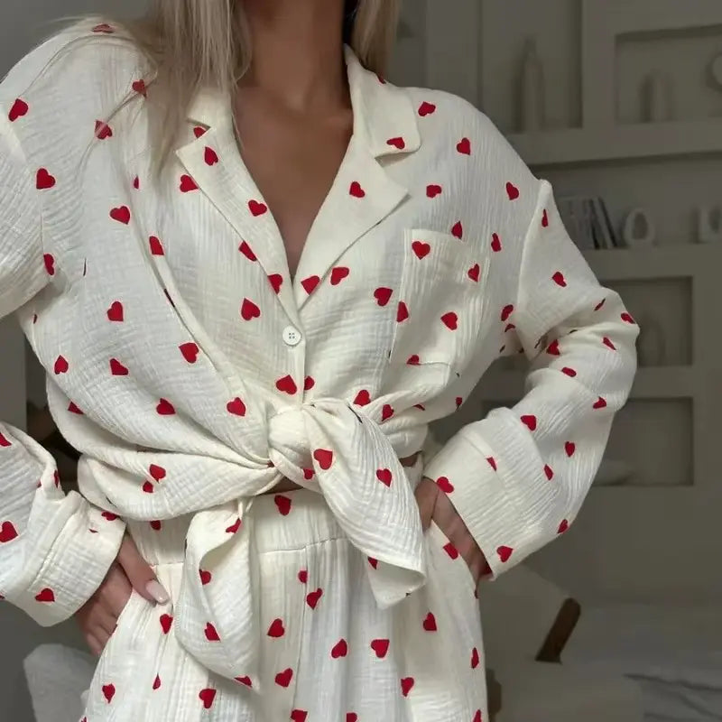Women's Pyjama Set with Heart Print and Button Closure
