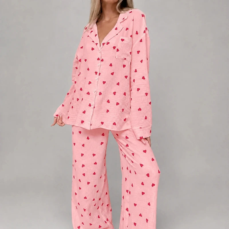 Women's Pyjama Set with Heart Print and Button Closure