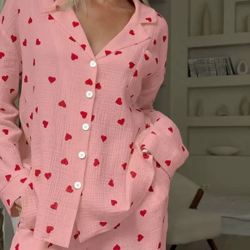 Women's Pyjama Set with Heart Print and Button Closure