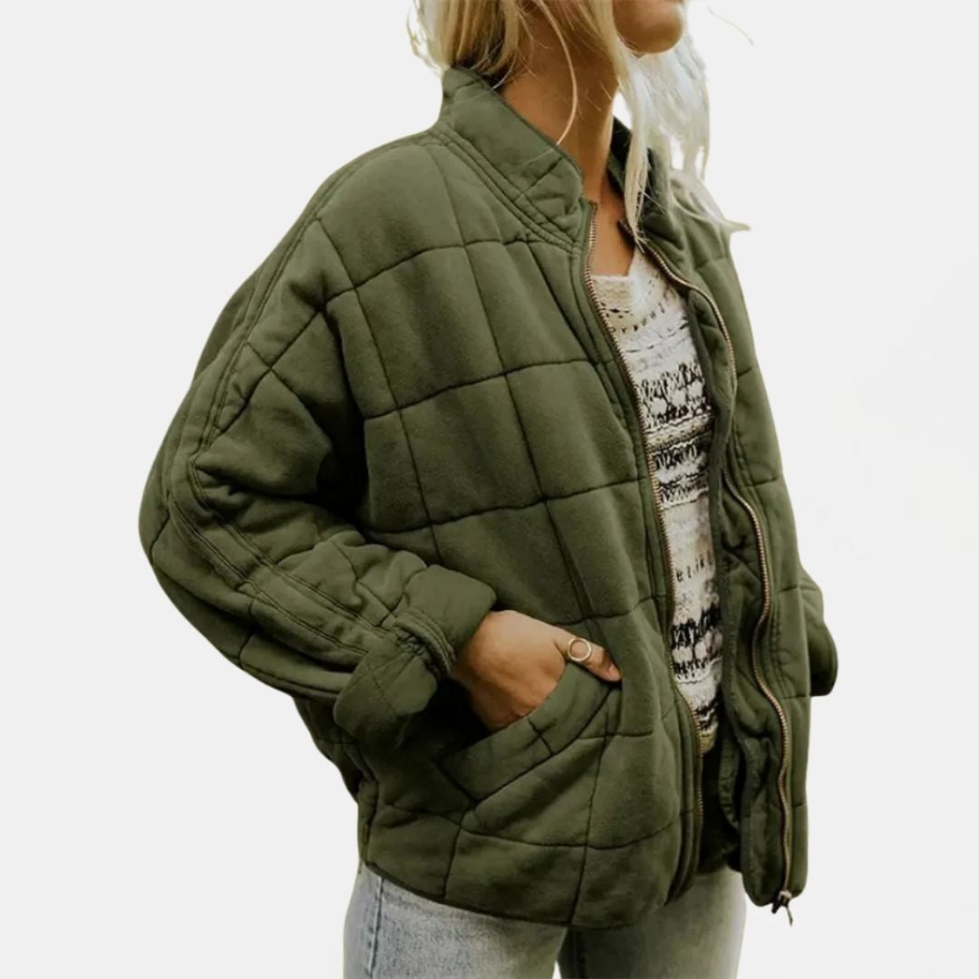 Women's Quilted Oversized Bomber Jacket with Zip Closure