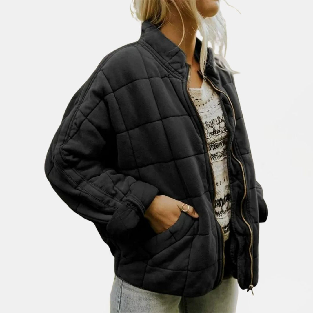 Women's Quilted Oversized Bomber Jacket with Zip Closure