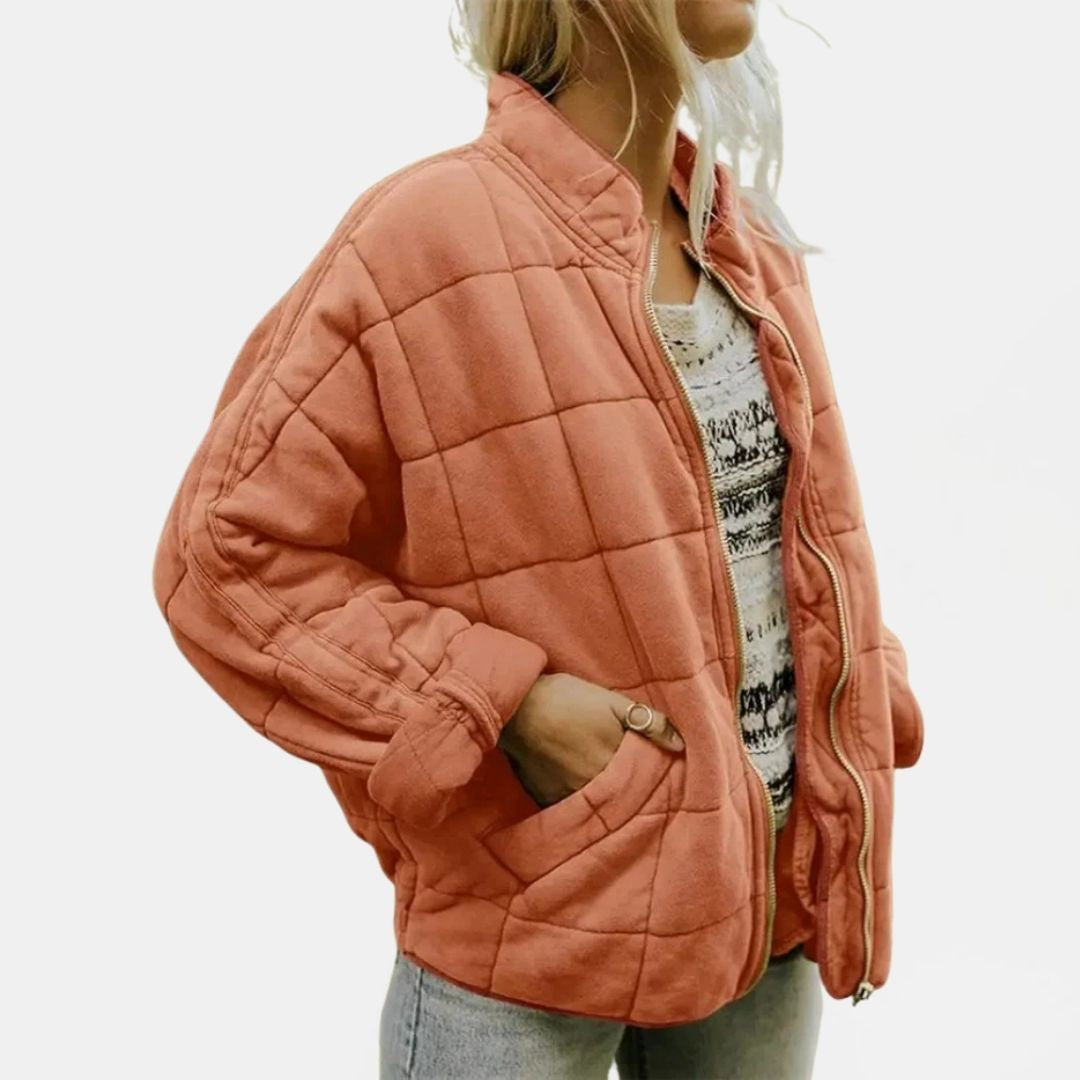 Women's Quilted Oversized Bomber Jacket with Zip Closure