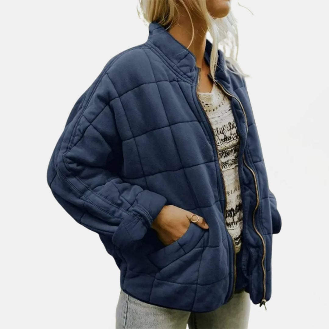 Women's Quilted Oversized Bomber Jacket with Zip Closure