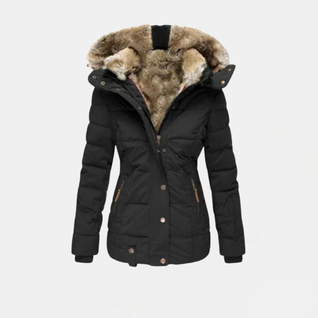 Women's Quilted Winter Jacket with Faux Fur Lining and Hood