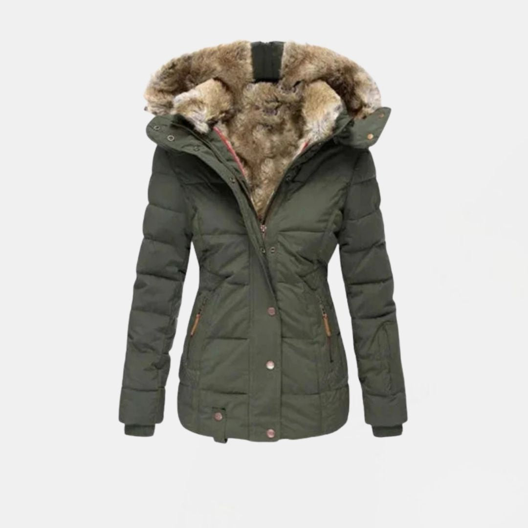 Women's Quilted Winter Jacket with Faux Fur Lining and Hood