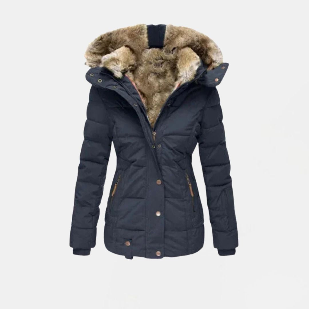 Women's Quilted Winter Jacket with Faux Fur Lining and Hood