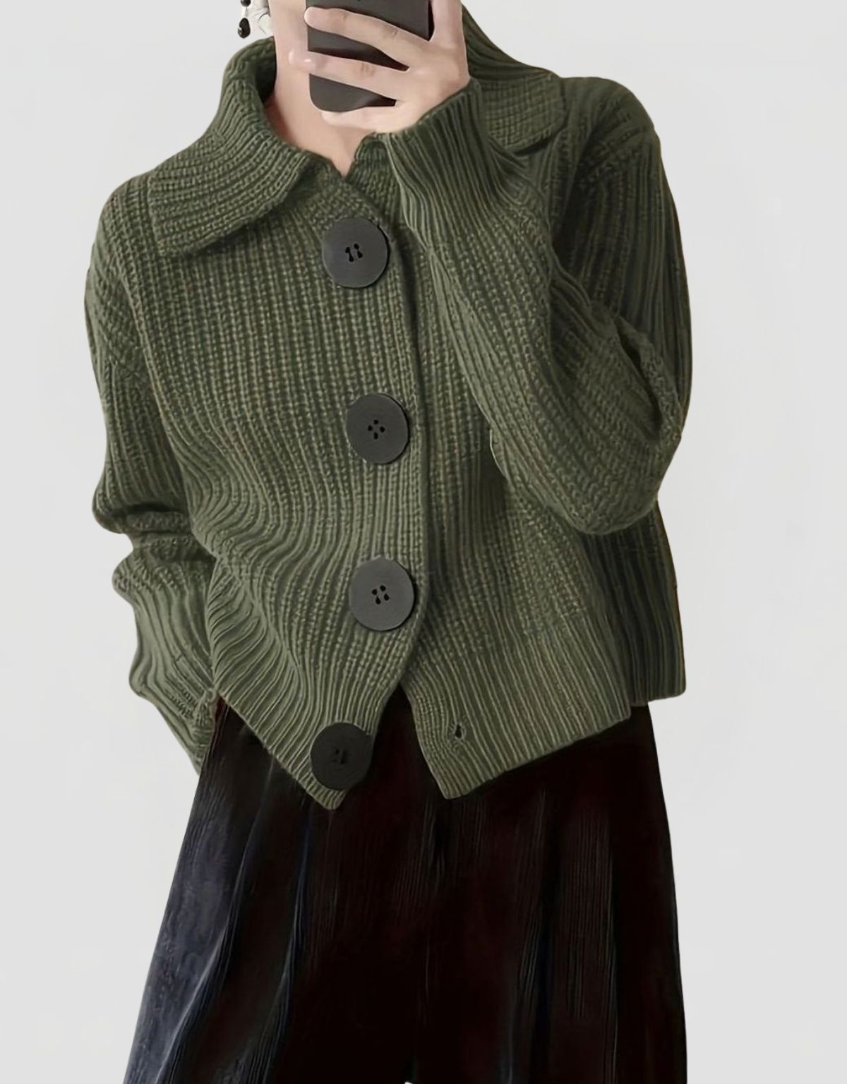 Women's Ribbed Knit Cardigan with Lapel Collar and Button Closure