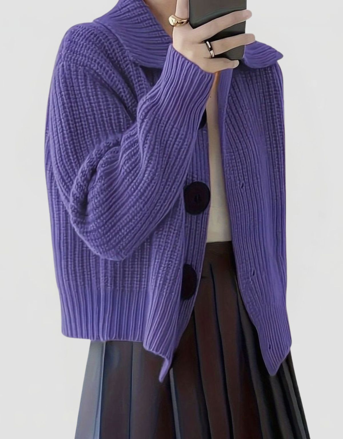 Women's Ribbed Knit Cardigan with Lapel Collar and Button Closure