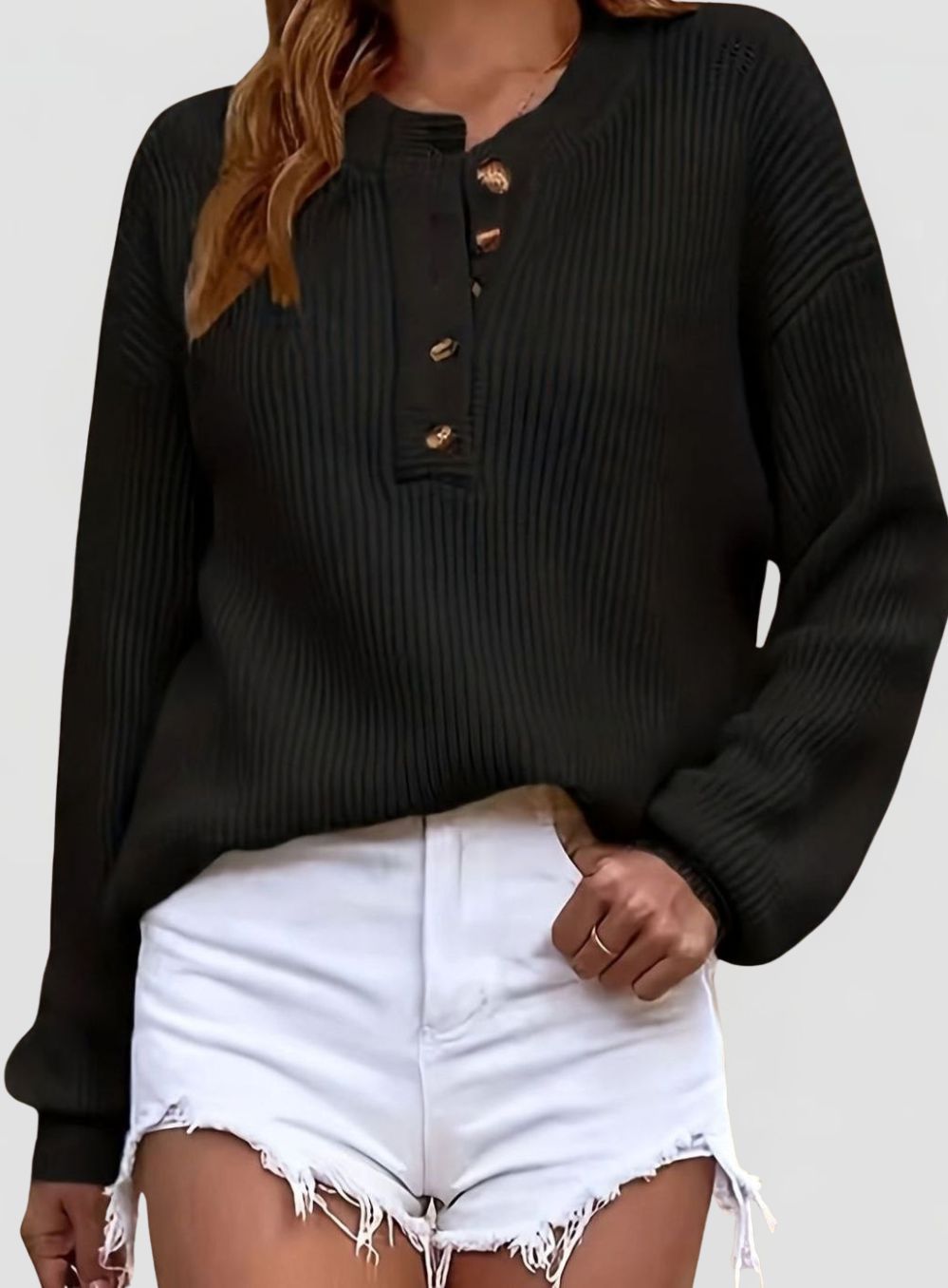 Women's Ribbed Knit Jumper with Henley Button Neckline