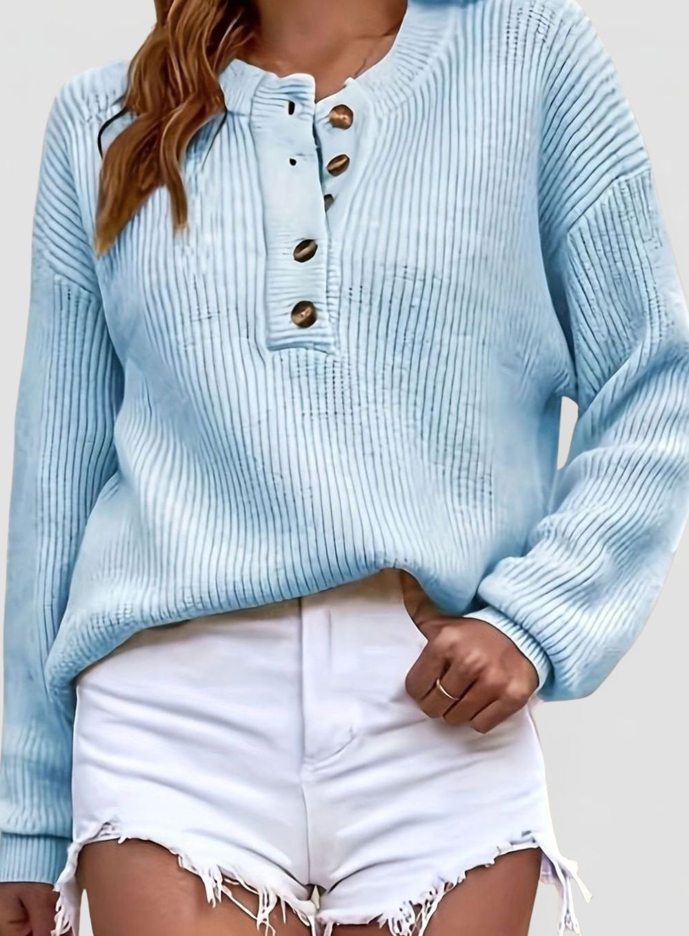 Women's Ribbed Knit Jumper with Henley Button Neckline
