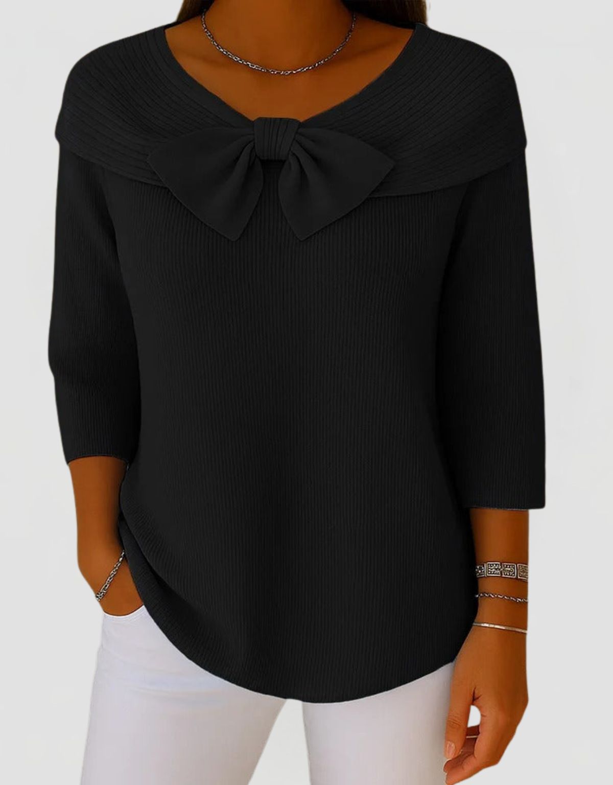 Women's Ribbed Knit Top with Bow Detail and Three-Quarter Sleeves