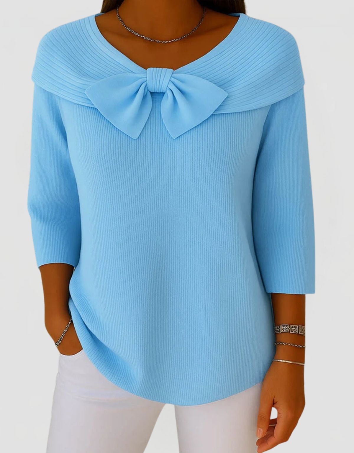 Women's Ribbed Knit Top with Bow Detail and Three-Quarter Sleeves