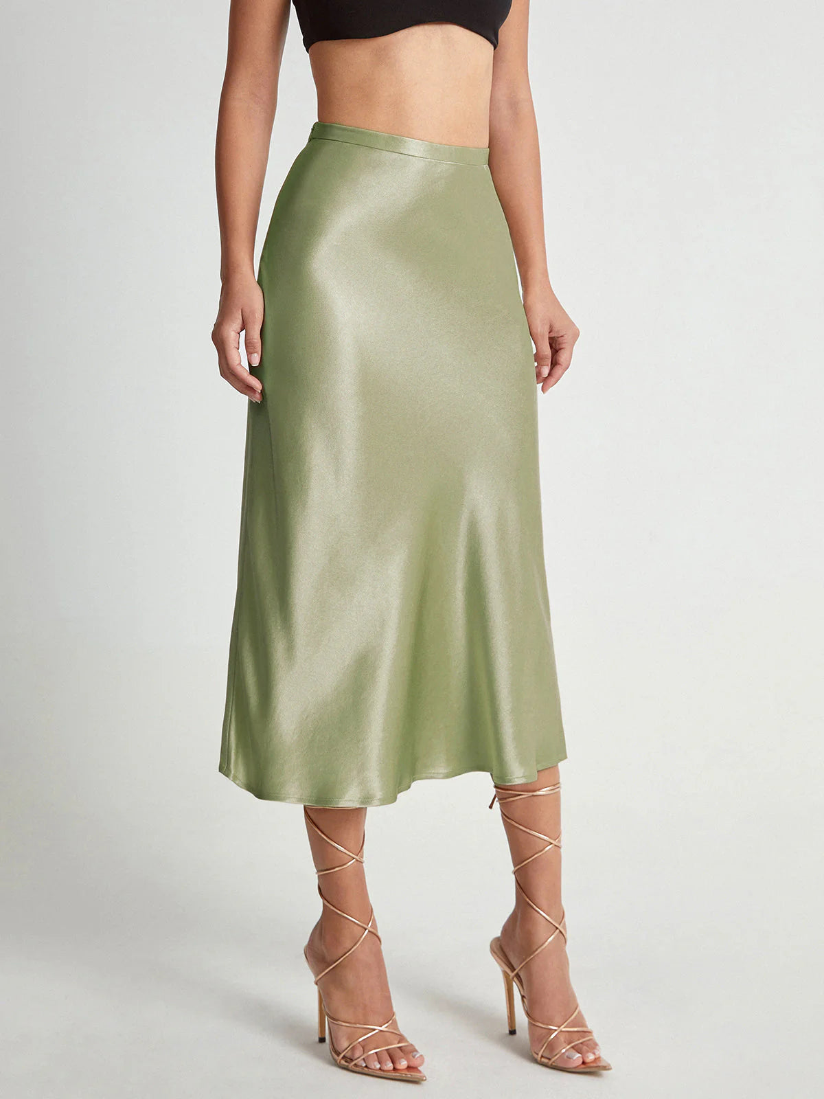 Women's Satin Look Midi Skirt with A-Line Silhouette and High Waist