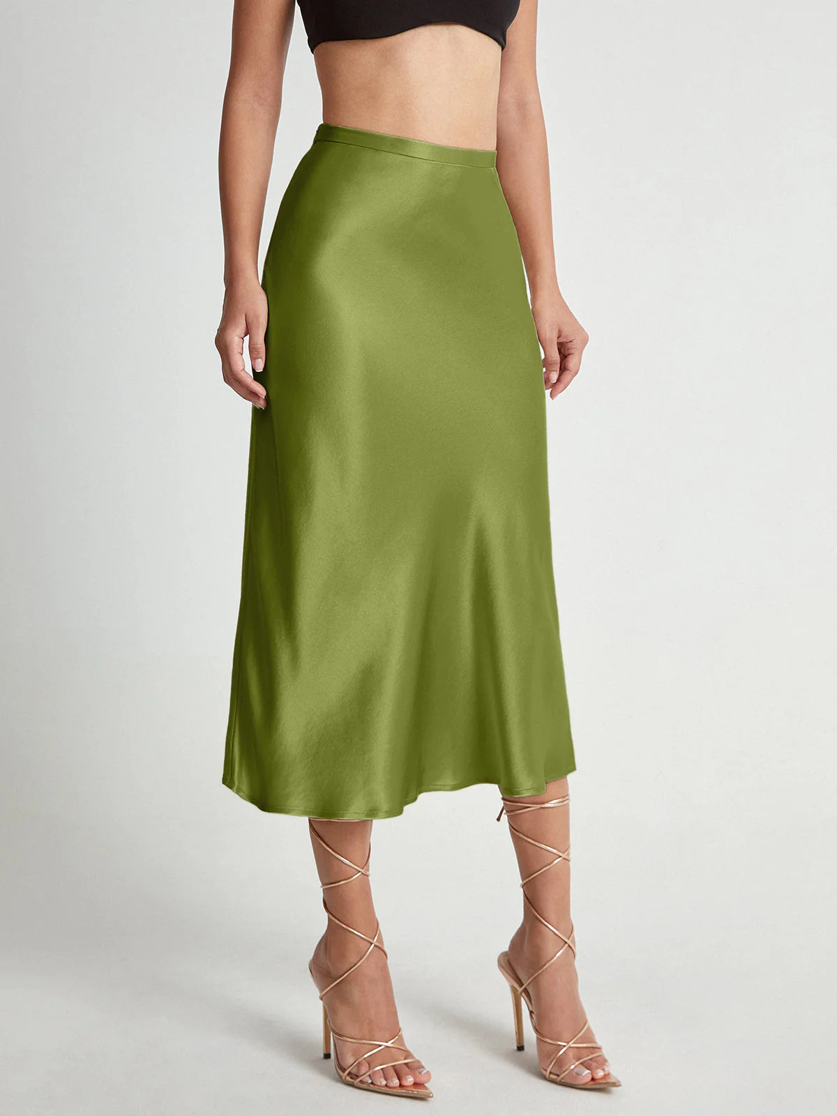 Women's Satin Look Midi Skirt with A-Line Silhouette and High Waist