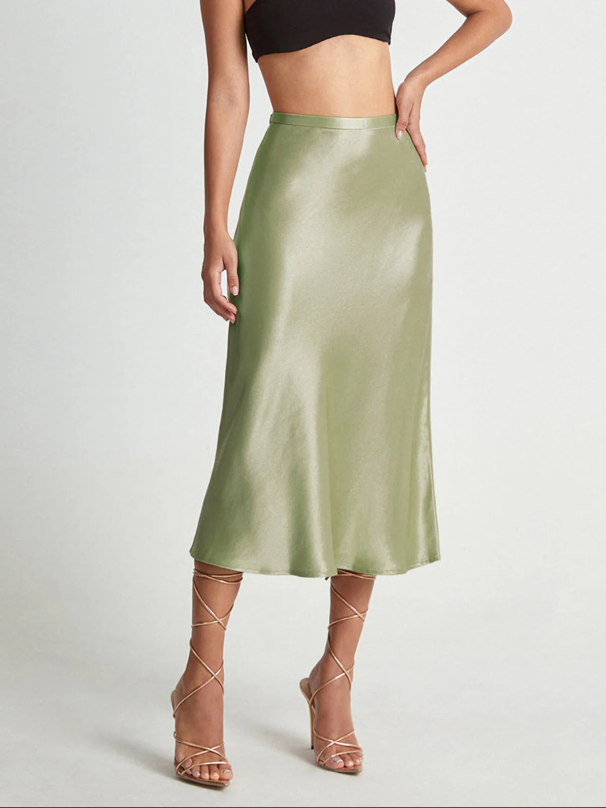 Women's Satin Look Midi Skirt with A-Line Silhouette and High Waist