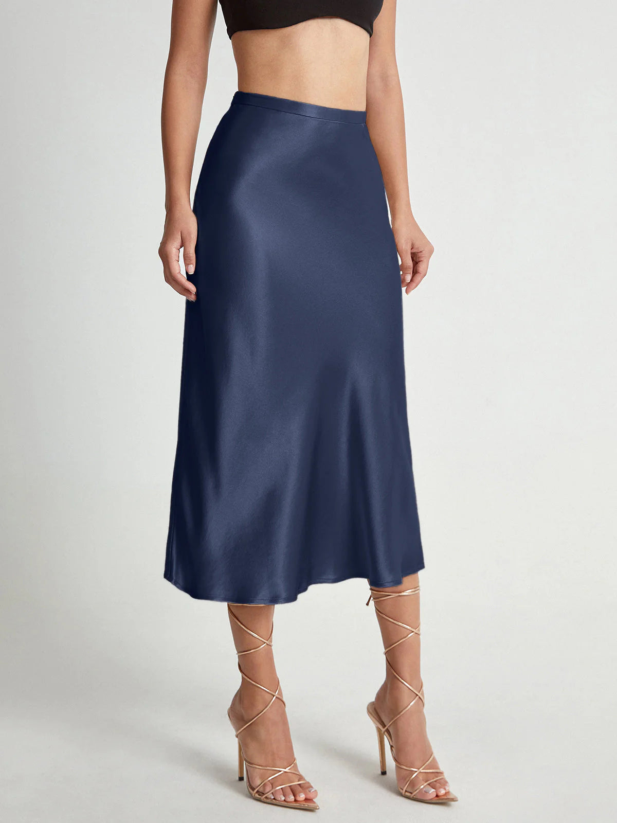 Women's Satin Look Midi Skirt with A-Line Silhouette and High Waist