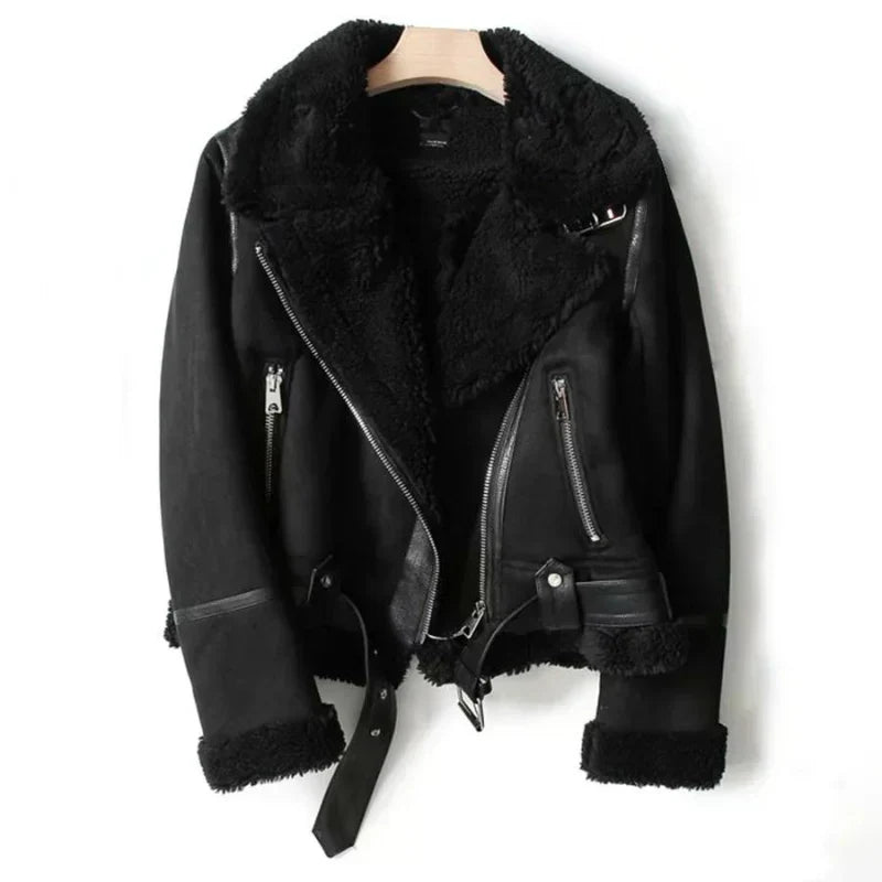 Women’s Short Faux Shearling Jacket with Belt and Zip Pockets