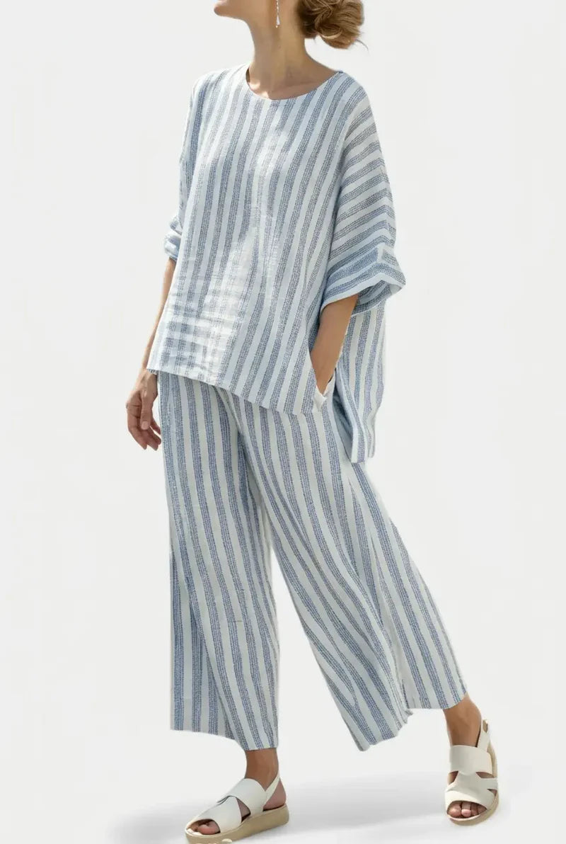 Women's Striped Set with Oversized Top and Wide Leg Trousers