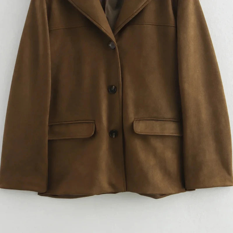 Women’s Suede-Look Blazer with Front Buttons and Pockets