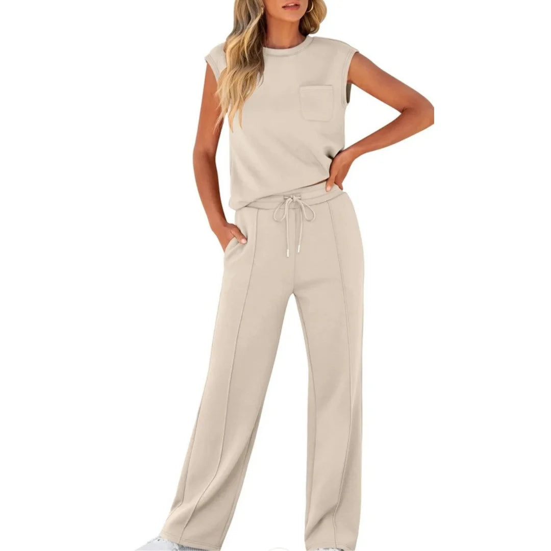 Women's Summer Two Piece Set with Sleeveless Top and Wide Leg Trousers
