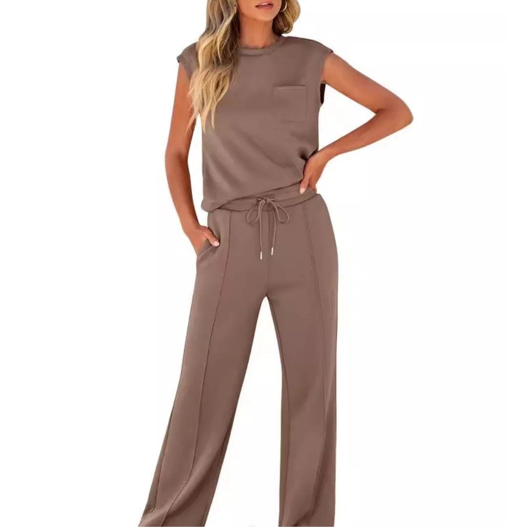 Women's Summer Two Piece Set with Sleeveless Top and Wide Leg Trousers