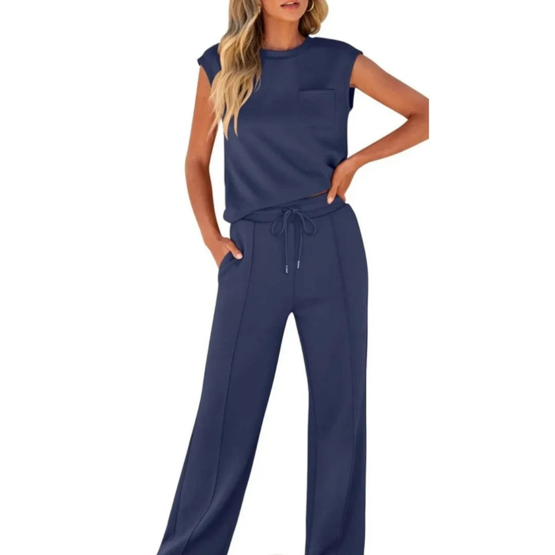 Women's Summer Two Piece Set with Sleeveless Top and Wide Leg Trousers