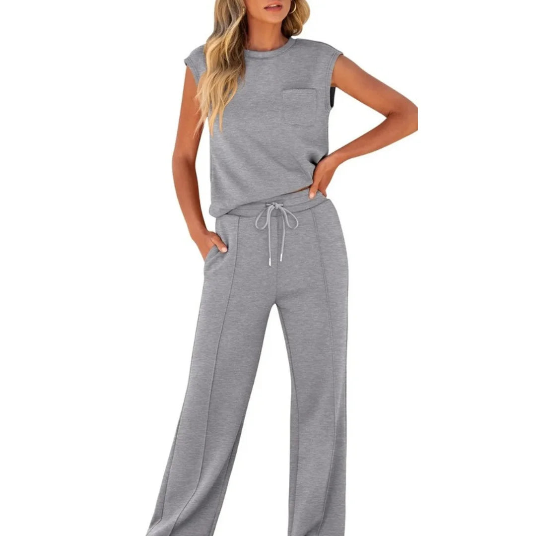 Women's Summer Two Piece Set with Sleeveless Top and Wide Leg Trousers