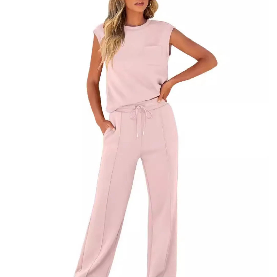 Women's Summer Two Piece Set with Sleeveless Top and Wide Leg Trousers
