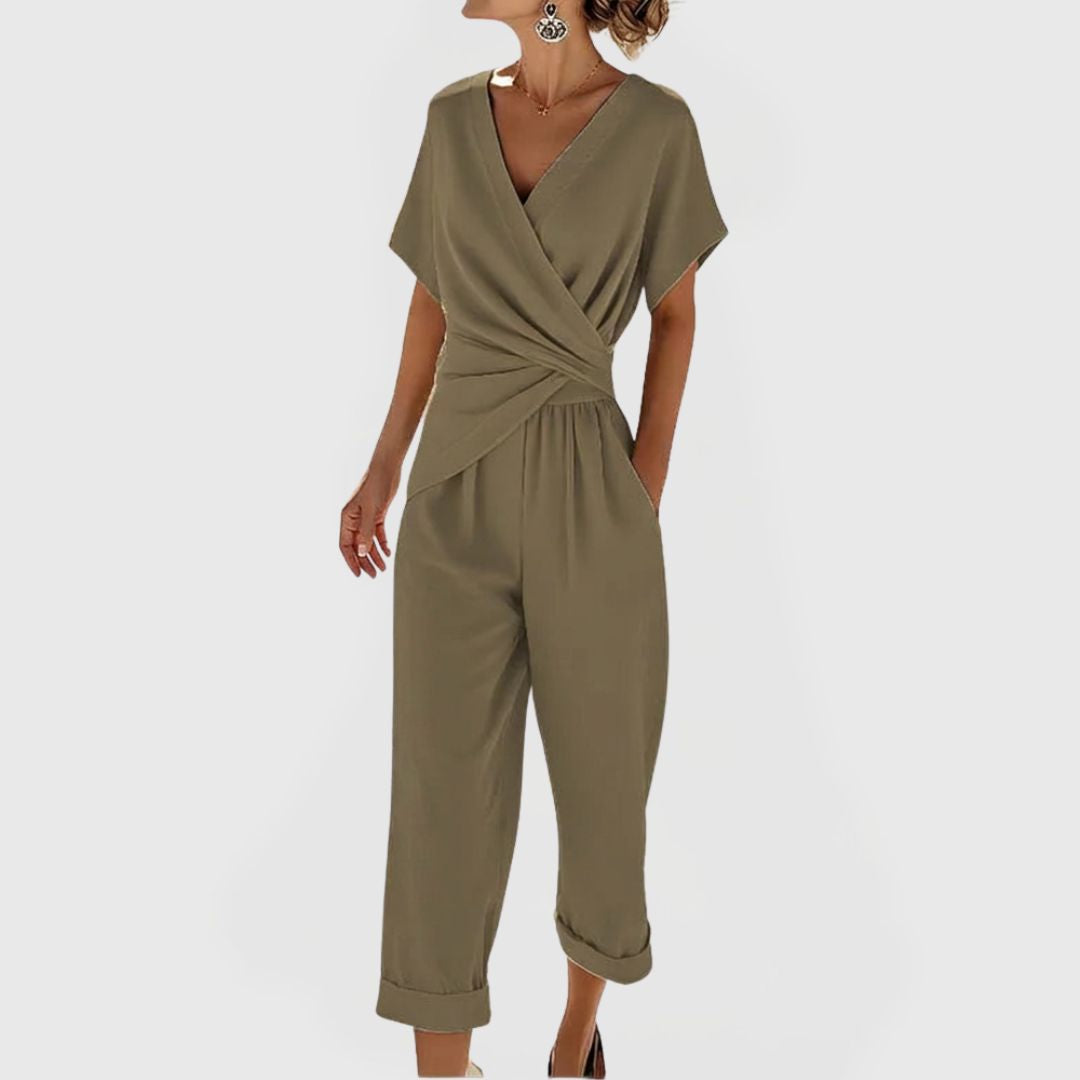 Women's Summer Two Piece Set with Wrap Top and Wide Leg Trousers