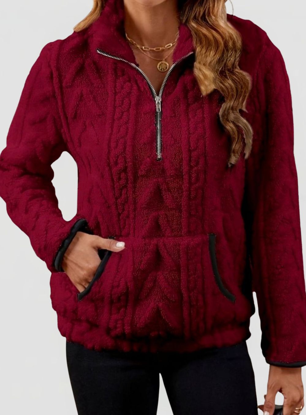 Women’s Textured Fleece Half-Zip Pullover with Kangaroo Pocket