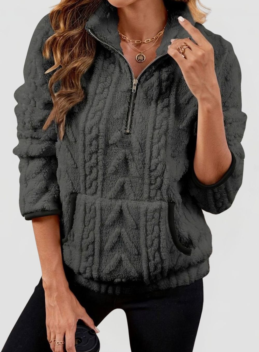 Women’s Textured Fleece Half-Zip Pullover with Kangaroo Pocket