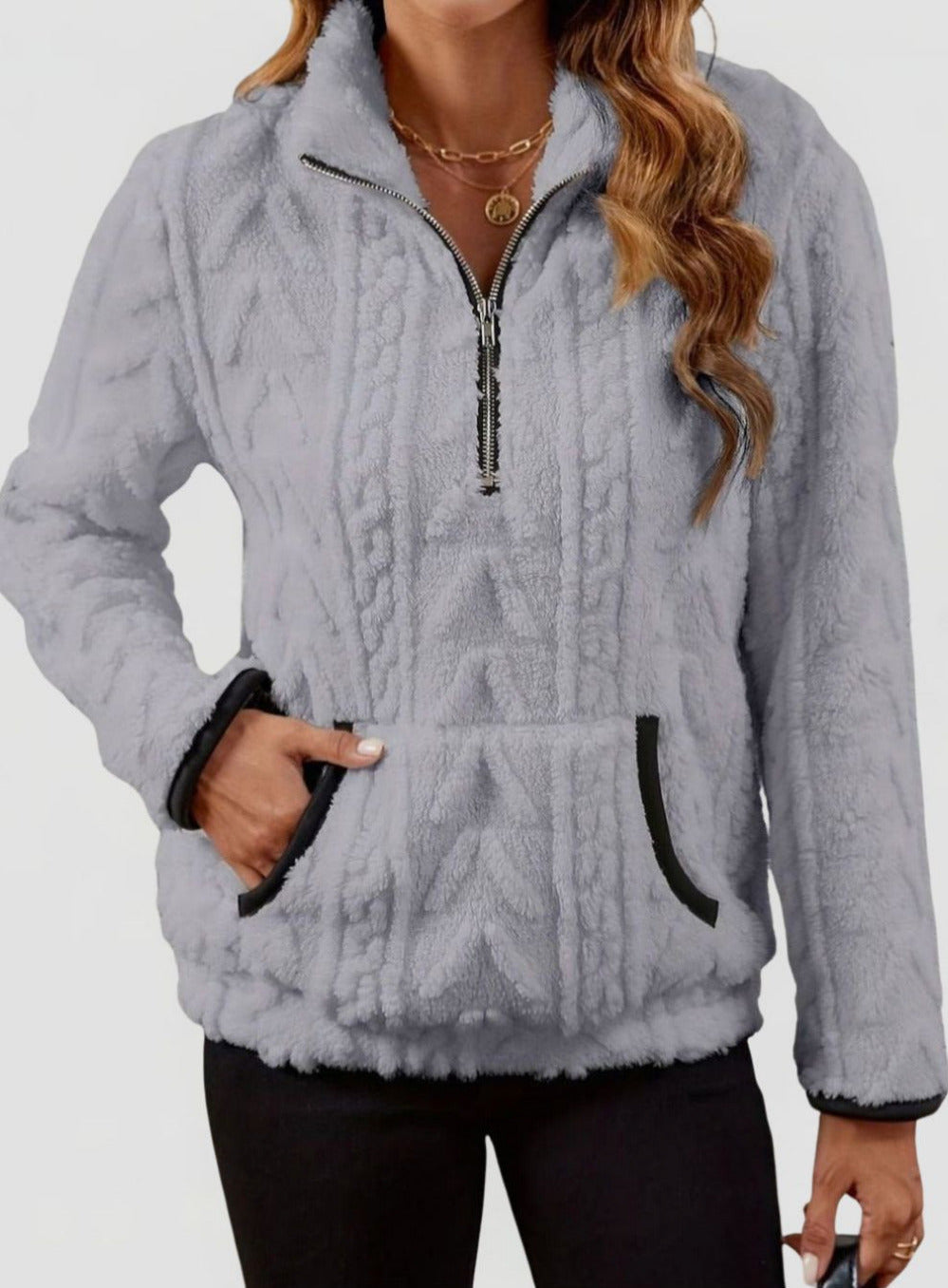 Women’s Textured Fleece Half-Zip Pullover with Kangaroo Pocket
